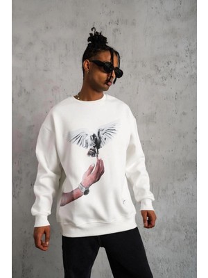 Velmora Fashion Erkek Güvercin Baskılı 3 Iplik Pamuklu Bisiklet Yaka Sweatshirt - Beyaz