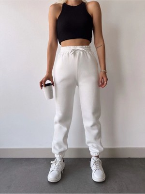 Velmora Fashion Kadın 3 Iplik Pamuklu Paça Lastikli Eşofman Pantolon - Beyaz