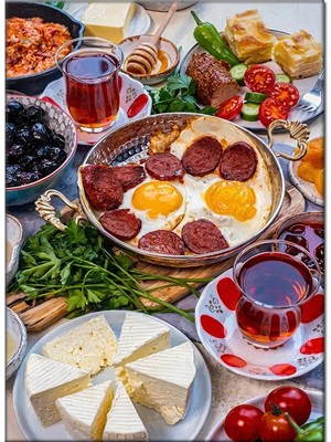 Bedeko Geleneksel Sucuklu Yumurtalı Kahvaltı Sofrası Mdf Ahşap Tablo