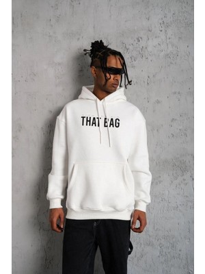 Velmora Fashion Erkek 3 Iplik Pamuklu Kapüşonlu Baskılı Cepli Oversize Sweatshirt Hoodie - Beyaz