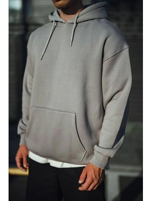 Velmora Fashion Erkek 3 Iplik Penye Kapüşonlu Basic Sweatshirt Hoodie - Boyalı Gri