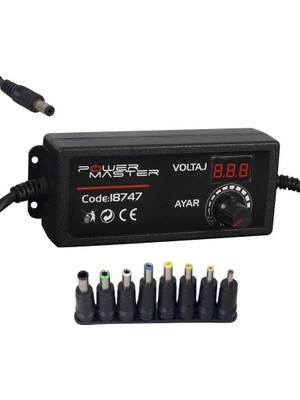 Powermaster PM-18747 Dijital Ekranlı 12 Volt - 24 Volt / 5 Amper Çok Uçlu Ayarlı Kademeli Adaptör