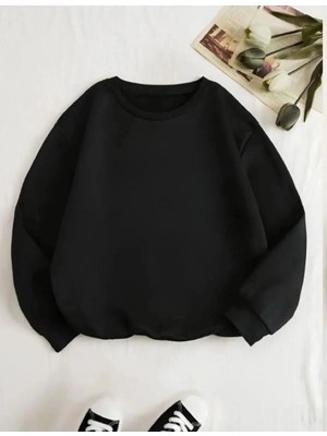 Velmora Fashion Kadın 3 Iplik Pamuklu Bisikilet Yaka Sweatshirt - Siyah
