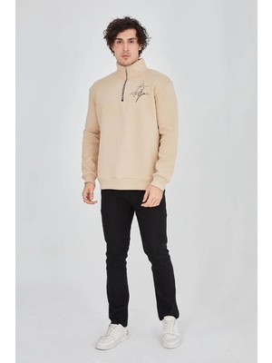 Velmora Fashion Erkek Yarım Fermuarlı Baskılı 3 Iplik Pamuklu Sweatshirt - Bej