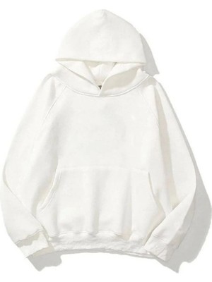 Velmora Fashion Kadın Kapüşonlu Kanguru Cepli 3 Iplik Pamuklu Düz Hoodie Sweatshirt - Beyaz