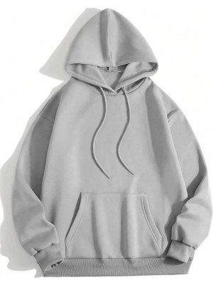 Velmora Fashion Kadın Kapüşonlu Kanguru Cepli 3 Iplik Pamuklu Düz Hoodie Sweatshirt - Gri