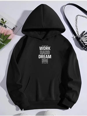 Velmora Fashion Kadın Oversize Kapüşonlu Cepli Baskılı 3 Iplik Pamuklu Hoodie Sweatshirt - Siyah