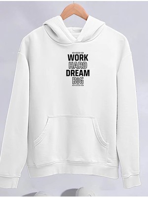 Velmora Fashion Kadın Oversize Kapüşonlu Cepli Baskılı 3 Iplik Pamuklu Hoodie Sweatshirt - Beyaz