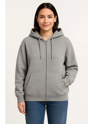 Velmora Fashion Kadın 3 Iplik Pamuklu Kapüşonlu Tam Fermuarlı Kanguru Cepli Sweatshirt Hoodie - Gri