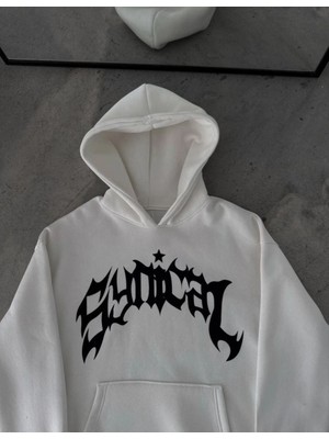 Velmora Fashion Kadın Kapüşonlu Kanguru Cepli Sweatshirt 3 Iplik Pamuklu Baskılı Hoodie -  Beyaz