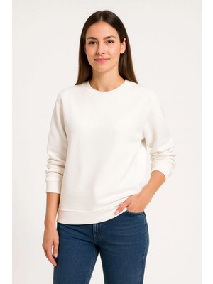 Velmora Fashion Kadın 3 Iplik Pamuklu Düz Bisiklet Yaka Sweatshirt - Beyaz