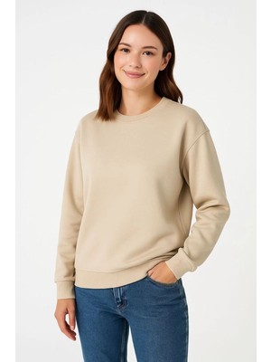 Velmora Fashion Kadın 3 Iplik Pamuklu Düz Bisiklet Yaka Sweatshirt - Bej