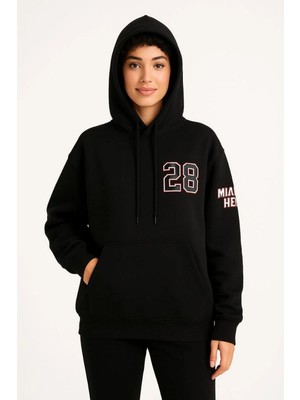 Velmora Fashion Kadın 3 Iplik Pamuklu Kapüşonlu Kanguru Cepli Baskılı Hoodie Sweatshirt - Siyah