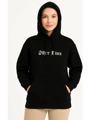 Velmora Fashion Kadın Kapüşonlu Kanguru Cepli Sweatshirt 3 Iplik Pamuklu Baskılı Hoodie - Siyah