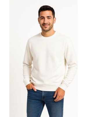 Velmora Fashion Erkek 3 Iplik Pamuklu Düz Bisiklet Yaka Sweatshirt - Beyaz
