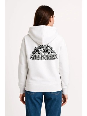 Velmora Fashion Kadın 3 Iplik Pamuklu Kapüşonlu Hoodie Sweatshirt Nihilist Penguen Baskılı - Beyaz