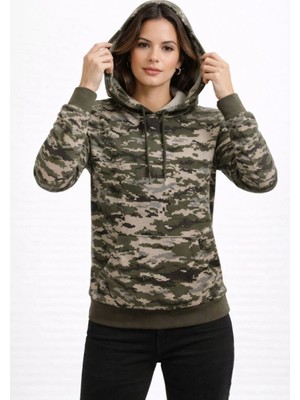 Velmora Fashion Kadın Kamuflaj Desenli 2 Iplik 4 Mevsim Kapüşonlu Kanguru Cepli Hoodie Sweatshirt - Kamuflaj