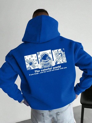 Velmora Fashion Erkek Baskılı Kapüşonlu Cepli Hoodie 3 Iplik Pamuklu Sweatshirt - Saks Mavisi