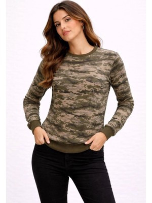 Velmora Fashion Kadın Kamuflaj Desenli 2 Iplik 4 Mevsim Uzun Kollu Bisiklet Yaka Sweatshirt - Kamuflaj