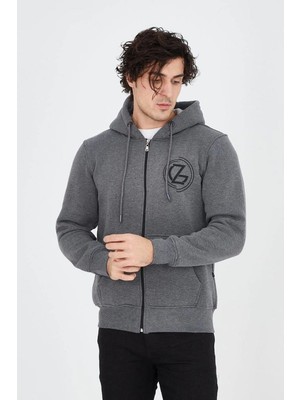 Velmora Fashion Erkek 3 Iplik Pamuklu Fermuarlı Kapüşonlu Kanguru Cepli Baskılı Hoodie Hırka Sweatshirt - Füme