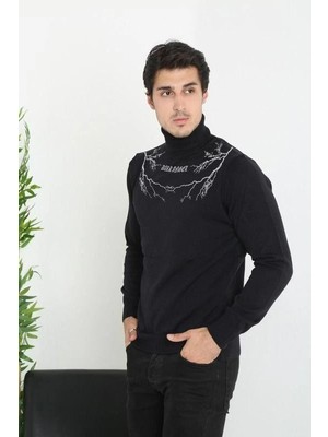 Velmora Fashion Erkek Yarım Bağazlı Kazak Baskılı Dokuma Triko - Siyah