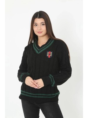 Velmora Fashion Kadın V Yaka Örgülü Kazak - Siyah