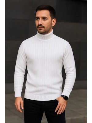 Velmora Fashion Erkek Tam Boğazlı Balıkçı Yaka Triko Kazak Kalın Fitilli - Beyaz