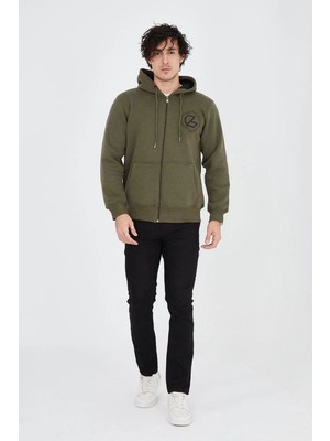 Velmora Fashion Erkek 3 Iplik Pamuklu Fermuarlı Kapüşonlu Kanguru Cepli Baskılı Hoodie Hırka Sweatshirt - Yeşil