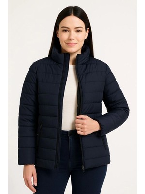 Velmora Fashion Kadın Bomber Mont Su Itici Kapitone Astarlı Fermuarlı Cepli Ceket - Lacivert