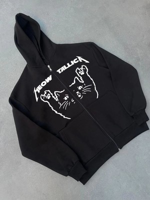 Velmora Fashion Kadın 3 Iplik Kışlık Baskılı Fermuarlı Kapüşonlu Hırka - Siyah