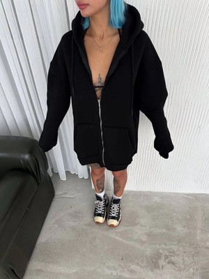 Velmora Fashion Kadın Tam Fermuarlı Cepli Kapüşonlu 3 Iplik Pamuklu Hoodie Sweatshirt - Siyah
