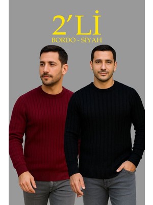 Velmora Fashion Erkek Fitilli Triko Kazak 2 Li Set Siyah Bordo Kalın Dokuma Pamuklu Regular Fit Bisiklet