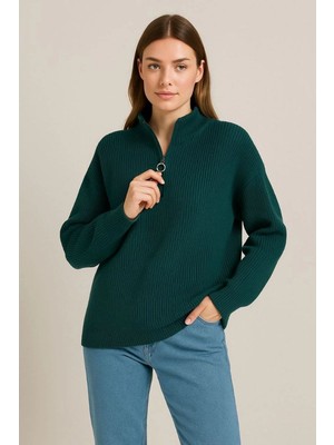 Velmora Fashion Kadın Yarım Fermuarlı Triko Kazak Selanik Örgü Dik Yaka Pamuklu Dokuma Oversize - Haki