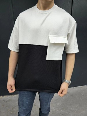 Velmora Fashion Erkek Kısa Kol Yazlık Tişört Torba Cepli Parçalı T-Shirt - Siyah