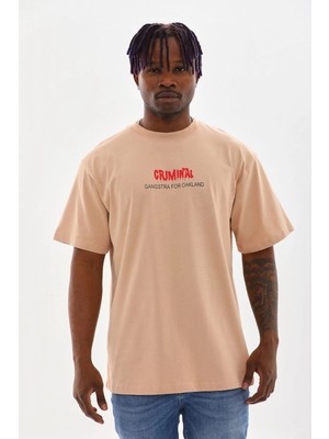 Velmora Fashion Erkek Baskılı T-Shirt Kısa Kol Bisiklet Yaka Rahat Kalıp Tişört  - Bej
