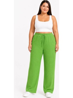 Velmora Fashion Kadın Battal Beden Bürümcük Kumaş Beli Lastikli Bağcıklı Bol Paça Palazzo Pantolon - Yeşil