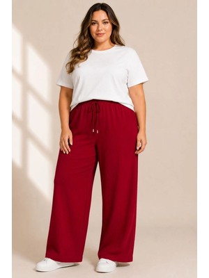 Velmora Fashion Kadın Battal Beden Bürümcük Kumaş Beli Lastikli Bağcıklı Bol Paça Palazzo Pantolon - Bordo