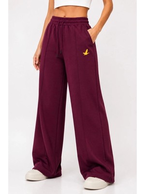 Velmora Fashion Kadın Osy Modal Yumuşak Dokulu Cima Dikişli Nakışlı Cepli Oversize Bol Paça Eşofman Altı - Bordo