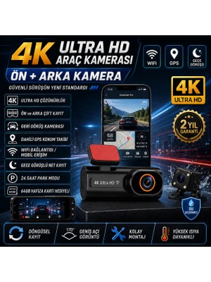 Artnest 4K Mini Araç Kamerası Ön Arka Çift Kamera 64GB Hafıza Wifi Gps Gece Görüşü