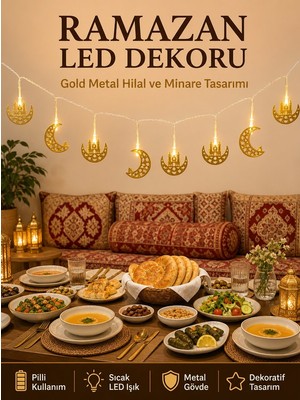 Luxana Minareli Hilal LED Işık Gold Metal Gövdeli Pilli Ramazan Dekoru - AFN9993241-5654