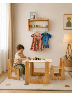 Minera 2-4 Yaş Turna Ahşap Montessori Çocuk Oyun, Aktivite Masası Sandalyesi ve Askı Ünitesi Seti