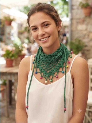Reyn El Örgüsü Yeşil File Bandana & Fular - Renkli Boncuk Detaylı Çok Amaçlı Yazlık Aksesuar