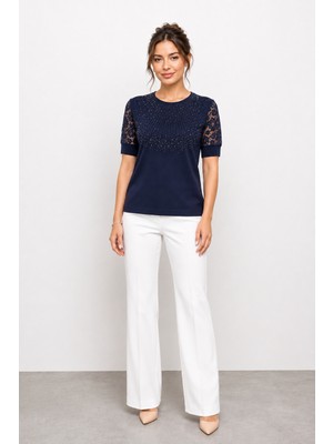 Bihan Store Kadın Önü Taşlı Kol ve Sırt Dantel Detaylı Bluz W27-32412 - Lacivert