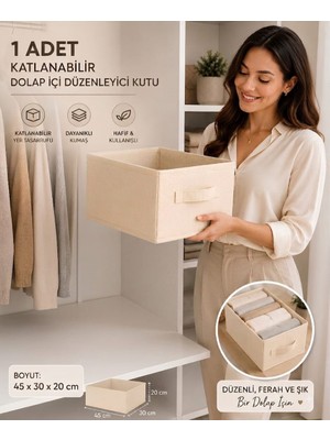 Mor Bebe 1 Adet Krem Kumaş Katlanabilir Dolap Içi Düzenleyici Kutu 45X30X20 cm | Kıyafet ve Giysi Organizer Saklama Kutusu