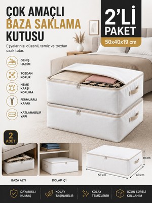 Suare Concept 2'li Çok Amaçlı Baza Saklama Kutusu 50X40X19 cm - Fermuarlı Katlanabilir Organizer Hurç