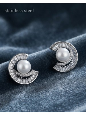 Stainless Steel Pirinç Gümüş Renk Zirkon Taşlı Salyangoz Model Inci Detay Küpe
