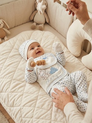 Bambik Bombinolo Tavşan Nakışlı Puantiyeli %100 Pamuk 0-3 Ay Yenidoğan 5'li Hastane Çıkışı Seti