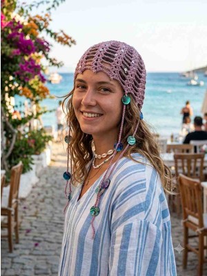Reyn Pudra Pembe El Örgüsü Pullu Kadın Bere - Yazlık Merserize Şapka