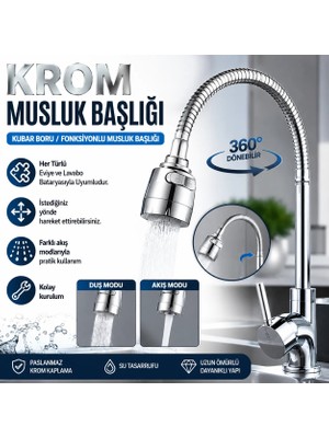 Ufak Tefek Şeyler Krom Esnek Musluk Borusu Kuğu Batarya Ucu 2 Fonksiyonlu Mutfak Evye Başlığı
