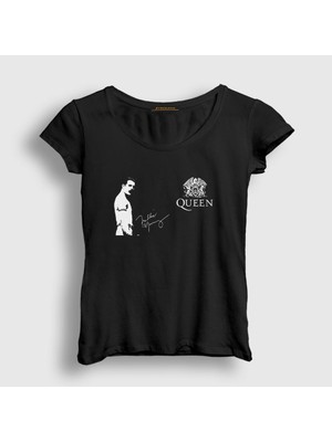 Presmono Kadın Siyah İmza Queen Freddie Mercury T-Shirt